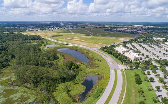 Aerial photo of a highway and lakes
