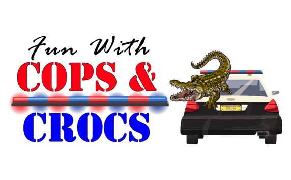Alligator sitting on cop car; words 