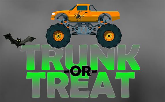 Trunk-or-Treat logo with monster truck and flying bat