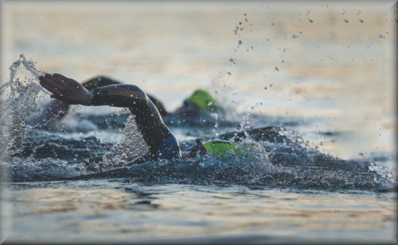 Swimmers competing in a lake
