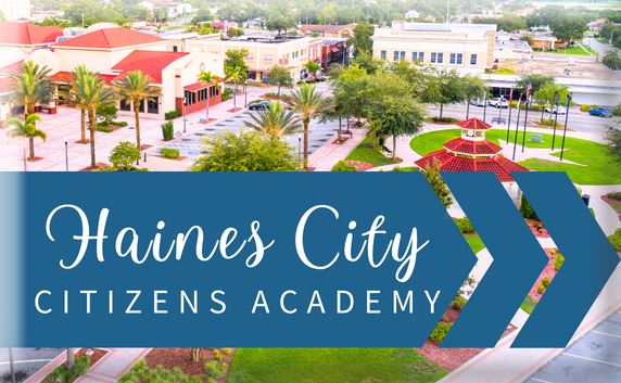 Background of downtown building, arrow with words Citizen's Academy