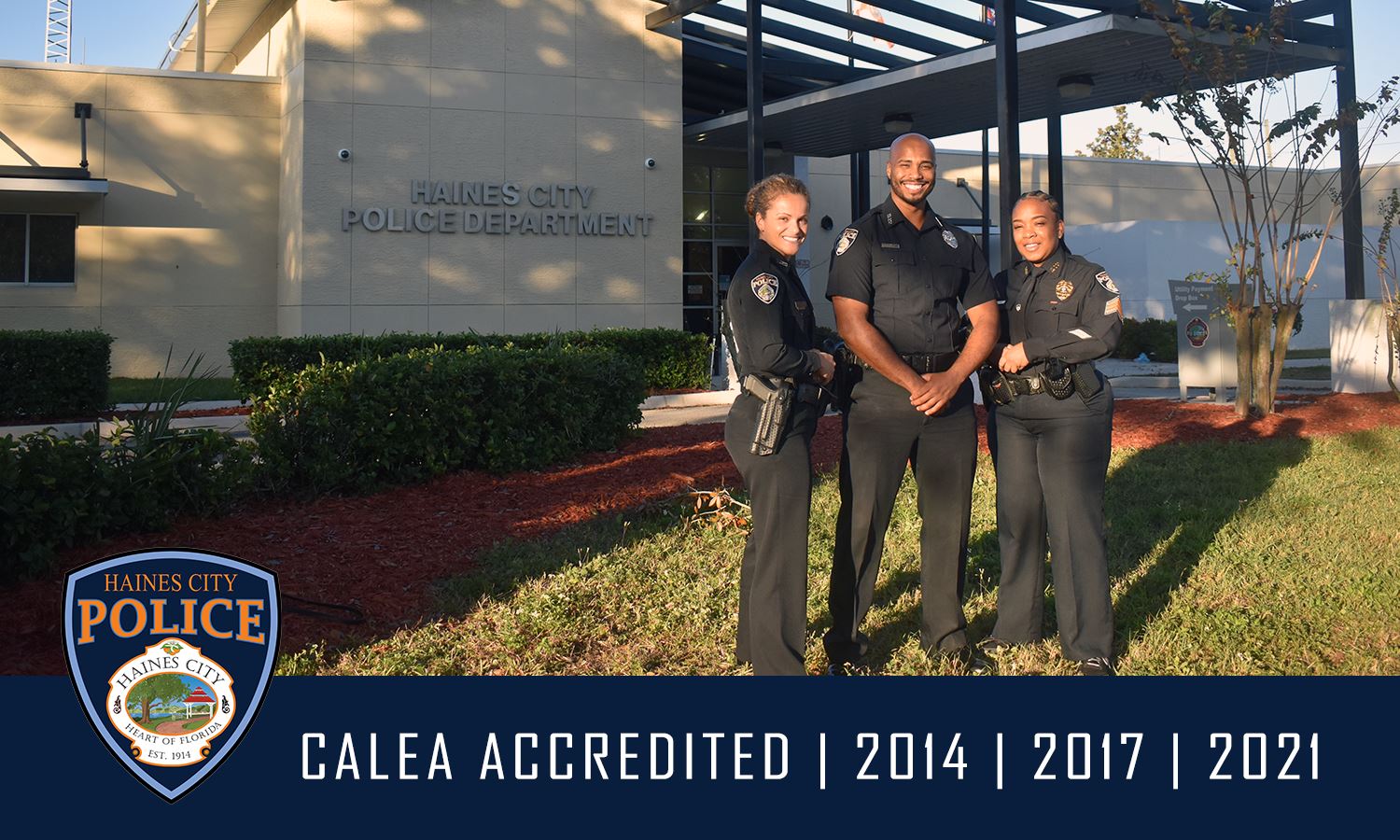 Officers (L-R) DeSouza and Morales and Sgt. Payne stand outside the Haines City Police Department. H